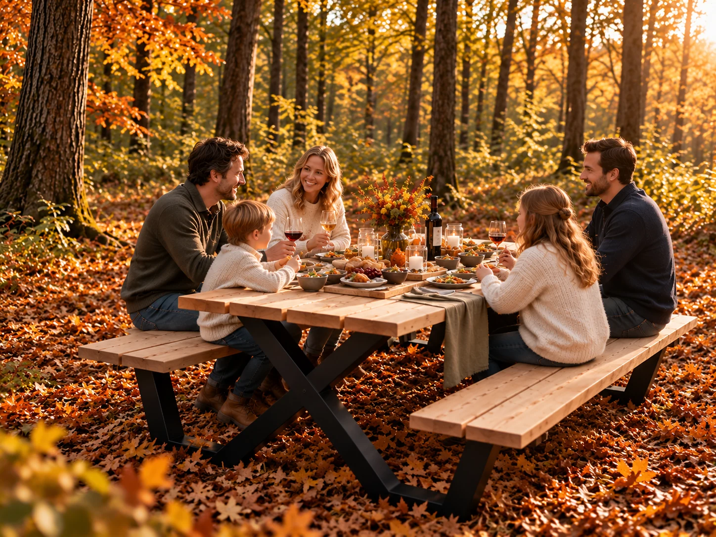 Gezellige herfstpicknick met familie aan de Woody Basics picknicktafel